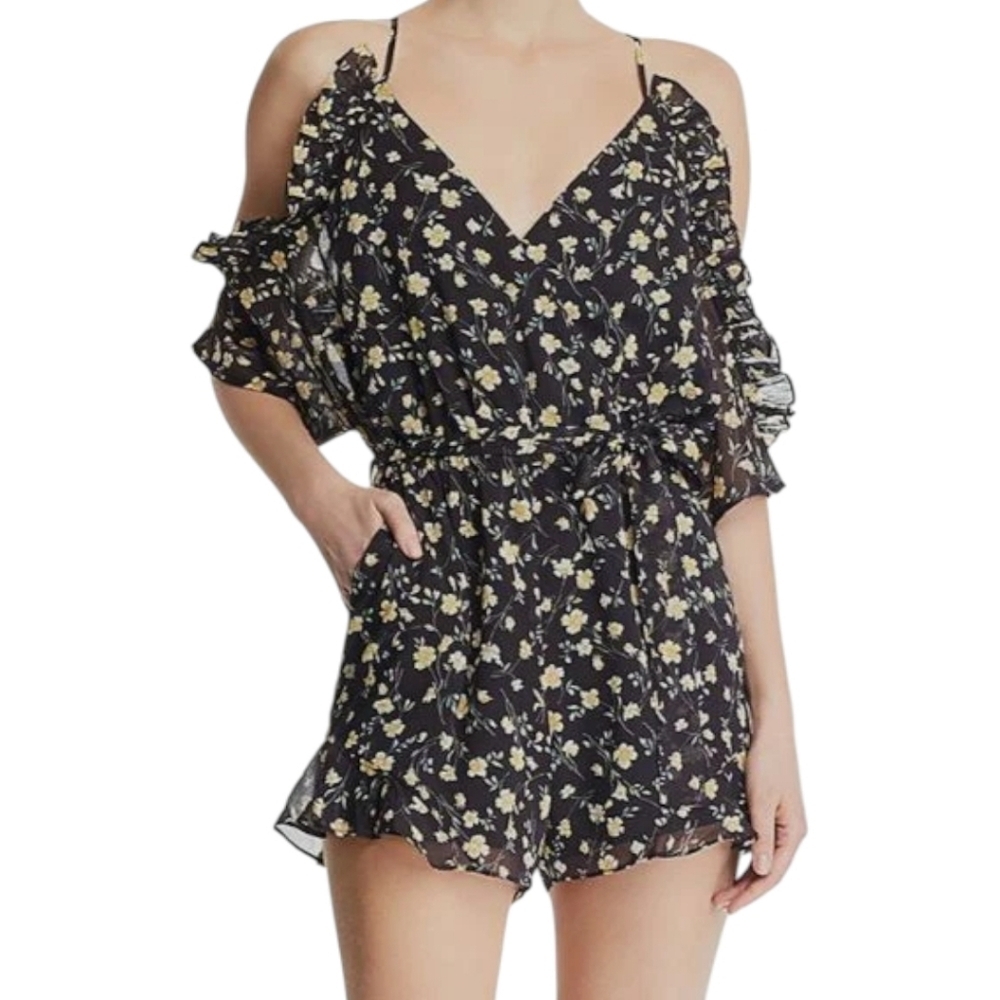 Bardot Cold Shoulder Romper Women 6 Black Floral Ruffle NWT - Picture 1 of 15